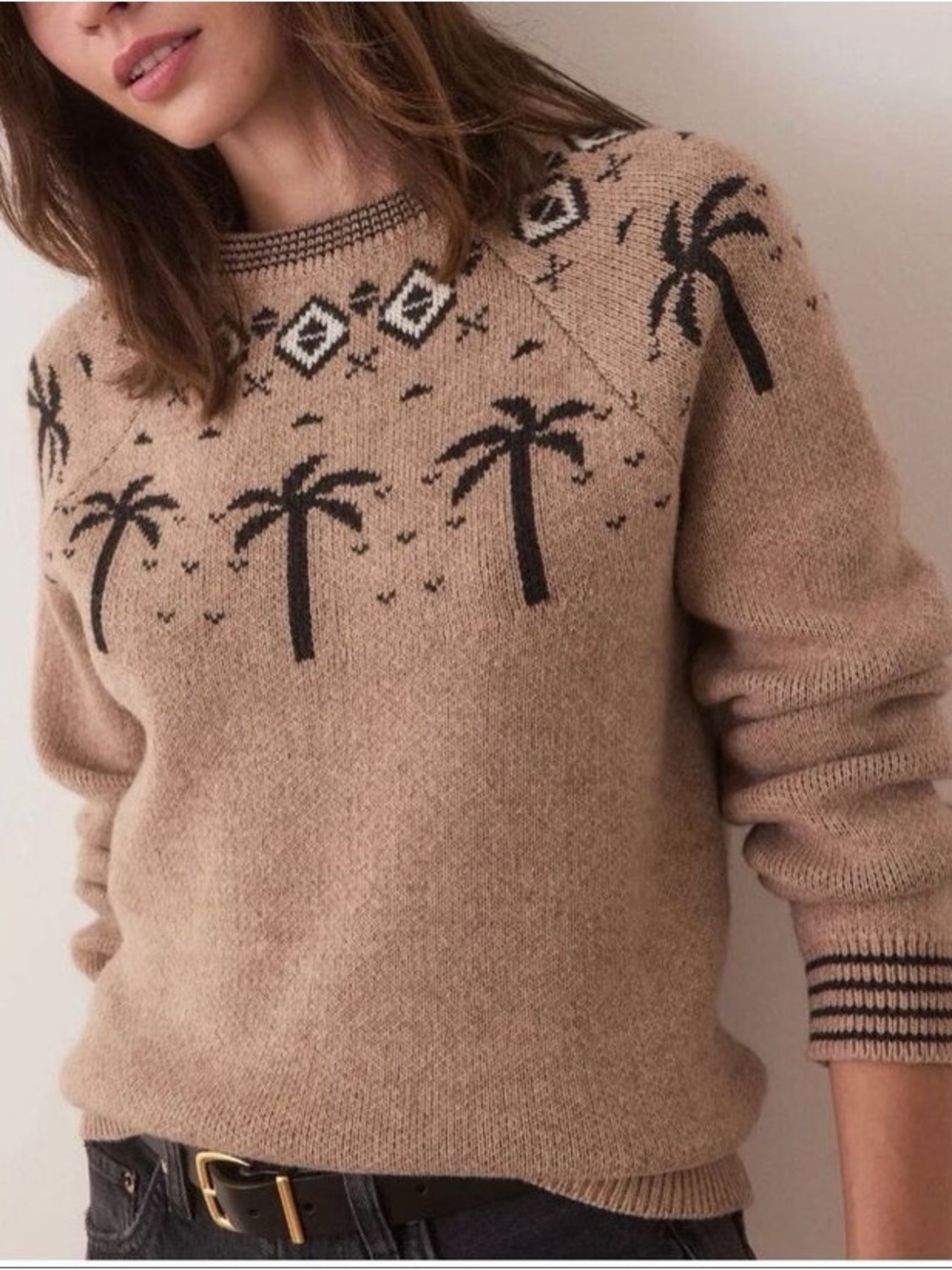 Marine Layer Archive Avalon Fair Isle Palm Trees Cotton Wool Blend Crew Sweater